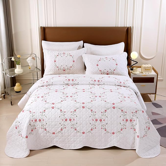 Quilt Set Circular Floral 3D Embroidery Pattern 3 PCS 100% Cotton Reversible Quilted Embroidered Decorative Bedspreads Coverlet Set, Lightweight &Soft King Size White Bedding Coverlet for All Season