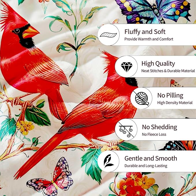 Red Cardinal Throw Blanket | Bird Blanket for Men and Women | Soft, Warm and Cozy Home Decor for Sofa, Couch, Bed and Living Room | 40"x50"