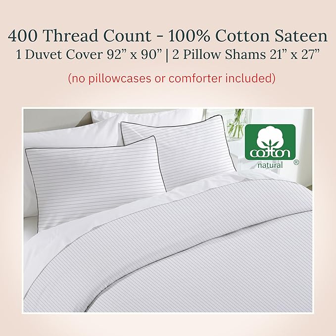 California Design Den 3-Pc 100% Cotton Striped Duvet Cover Set Queen Size, 400 Thread Count Smooth Sateen Weave, Printed Bedding Set with Button Closure and Corner Ties (Pinstripe, Full/Queen)