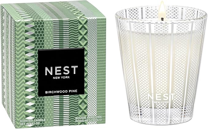 NEST New York Scented Classic Christmas Tree Candle, Birchwood Pine - 8.1 oz - Up to 60-Hour Burn Time - Reusable Glass Vessel