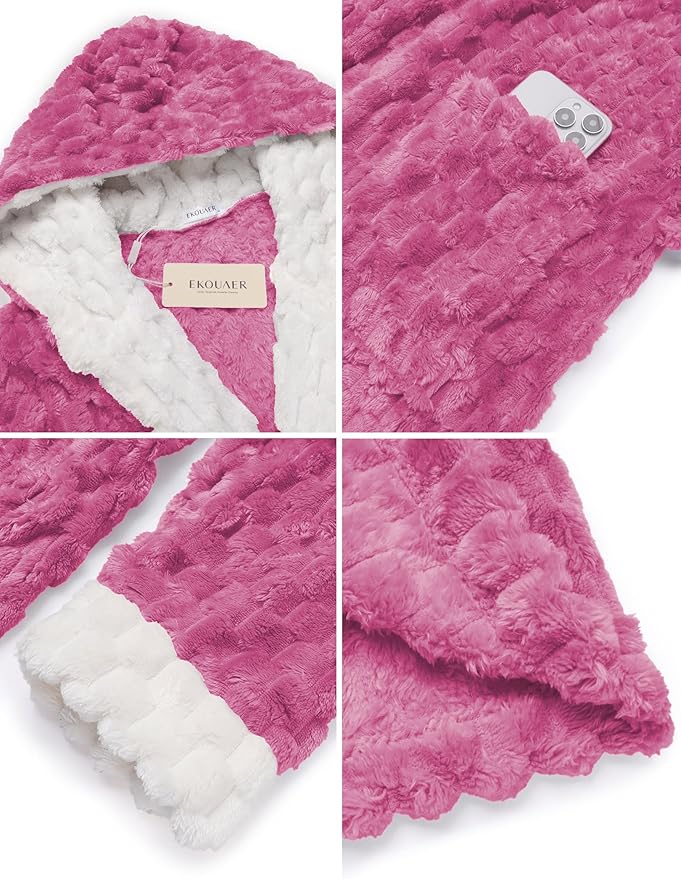 Ekouaer Womens Plush Robes Long Soft Jacquard Fluffy Bathrobe Hooded Robe Sleepwear with Pockets