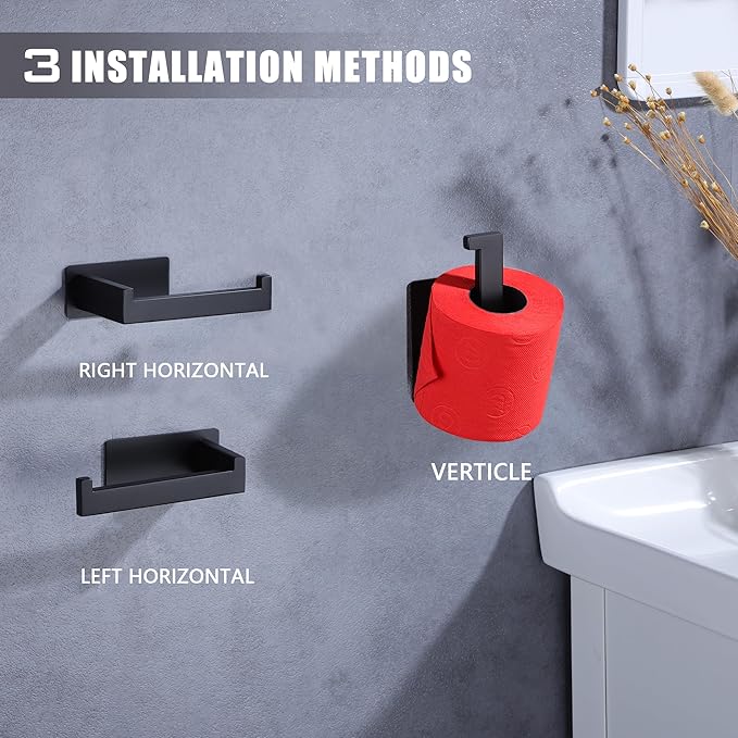 LANC Self-Adhesive Toilet Paper Holder, Matte Black Toilet Tissue Holder Wall Mounted for Bathroom Kitchen Stick On Paper Roll Holder with No Drilling Rustproof Stainless Steel, Left Rod A8307MB-LF