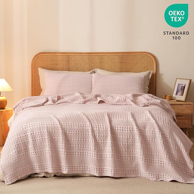 PHF 100% Cotton Waffle Weave Blanket Queen Size for Bed, Soft Lightweight & Breathable, All-Season Comfort, Luxury Aesthetic Woven Bedding for Home Decor, 90"x90", Pink/Mauve