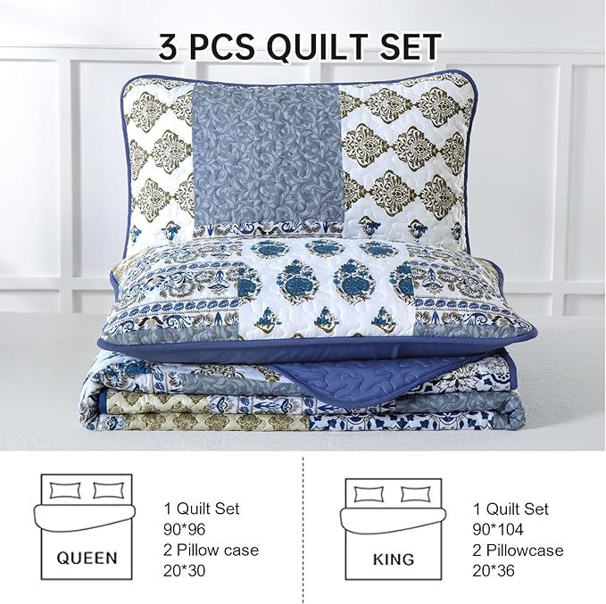 Mybedsoul Blue Quilt Set King Size 3 Pieces Boho Plaid Aqua Blue Floral Bedspread Set Microfiber Lightweight Bohemian Bedding Set for All Season (1 Quilt + 2 Pillow Shams) 90"x104"