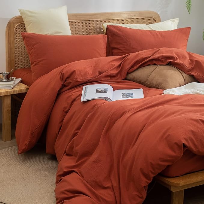 BESTOUCH Duvet Cover Set 100% Washed Cotton Linen Feel Super Soft Comfortable Chic Lightweight 2 PCs Home Bedding Set Solid Burnt Brick Red Twin/Twin XL