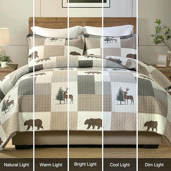 Uniclinens Plaid Quilt Set King Size, 100% Cotton Patchwork Quilts, Brown Farmhouse Lightweight Quilted Comforter, Soft Rustic Bedspread, 3 Pieces Set with 2 Pillowshams, Beige/Brown/Gray