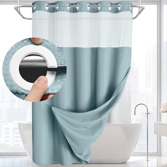 YellyHommy No Hook Shower Curtain with Snap in Liner Set Less Time Waffle Shower Curtain for Bathroom 75" L x 72" W Cyan