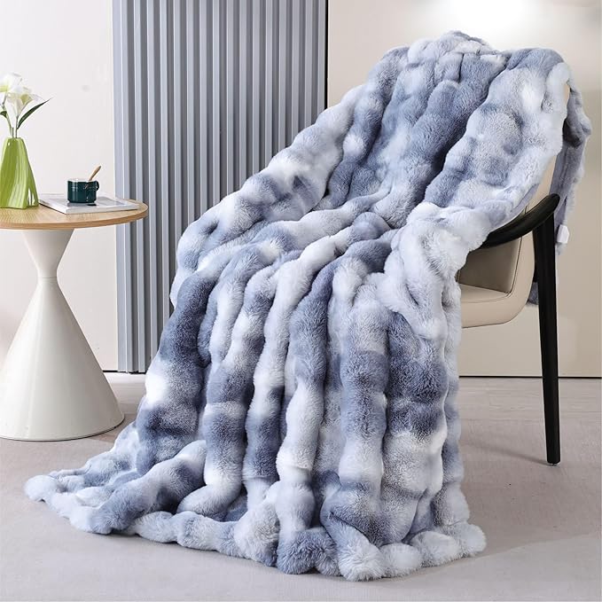 Faux Fur Thick Tie-dye Blue Fluffy Throw Blanket for Couch Bed 50x60 Fuzzy Soft Blanket for Adults Women Gift Home Living Room Decor 860 GSM