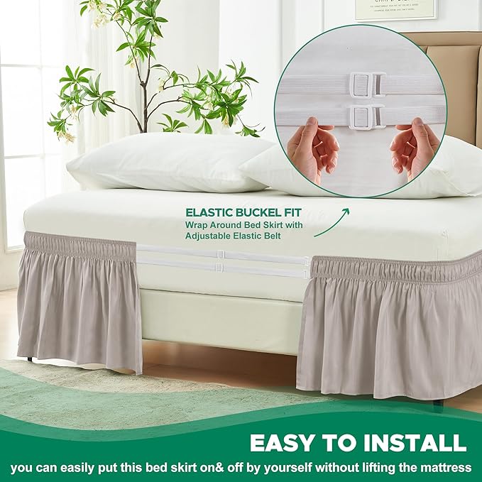 Biscaynebay Wrap Around Bed Skirts for King & Cal King Beds 14" Drop, Camel Grey Adjustable Elastic Dust Ruffles Easy Fit Wrinkle Resistant Silky Luxurious Fabric Machine Washable