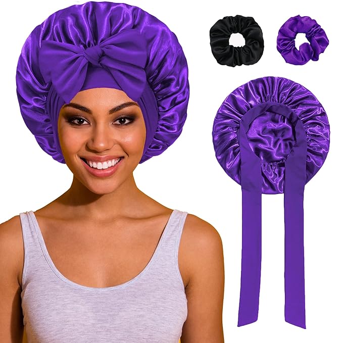 Bonnet with Tie Band, Satin Hair Silk Bonnet for Sleeping Women, Sleep Bonnets for Women, Double Layer Sleep Cap for Curly Hair Braids