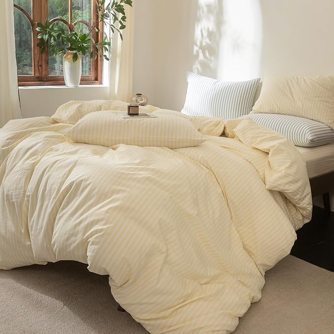 FOSSA Striped Duvet Cover Set 100% Washed Cotton Linen Feel Super Soft Breathable Cozy 3 Pieces Bedding Sets Pastel Yellow Classic Stripes Queen