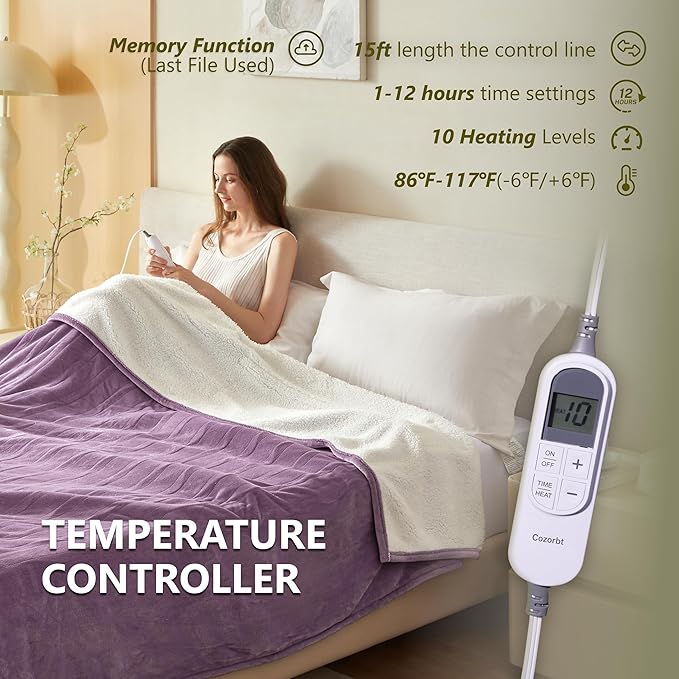 Heat Blanket 50”x60” Throw,Soft Flannel & Sherpa Reversible Electric Blanket with 10 Heat Settings,12 Timer Setting and 3 Hours Auto-Shut Off,ETL Certified Machine Washable,Purple