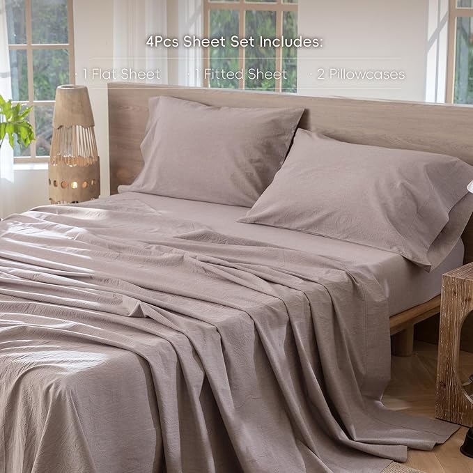 MooMee Bedding Sheet Set 100% Washed Cotton Linen Like Textured Breathable Durable Soft Comfy (Heathered Mauve Brown, California King)