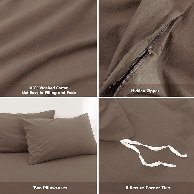 FOSSA Duvet Cover Set 100% Washed Cotton Linen Feel Super Soft Breathable Cozy 3 Pieces Bedding Sets Solid Black Super Queen