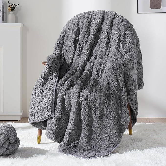 Sivio Weighted Blanket Full Size 15 lbs for Adults, Sherpa Fleece Weighted Blanket Jacquard Heavy Blanket for Sleeping, Reversible Super Soft Warm Cozy Fluffy Blanket for Adult, 48 x 72inches, Grey