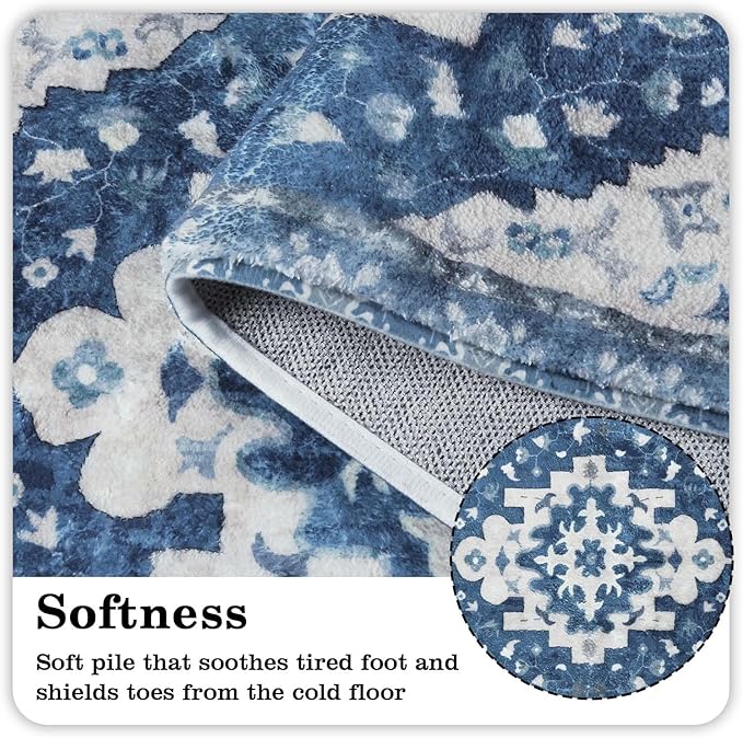 Uphome Boho Bathroom Rugs Blue Vintage Non-Slip Bath Rug Oriental Soft Machine Washable Bathroom Mat Cute Tribal Floral Bath Mats for Bathroom Decor for Sink Shower Toilet, 20x31 inch