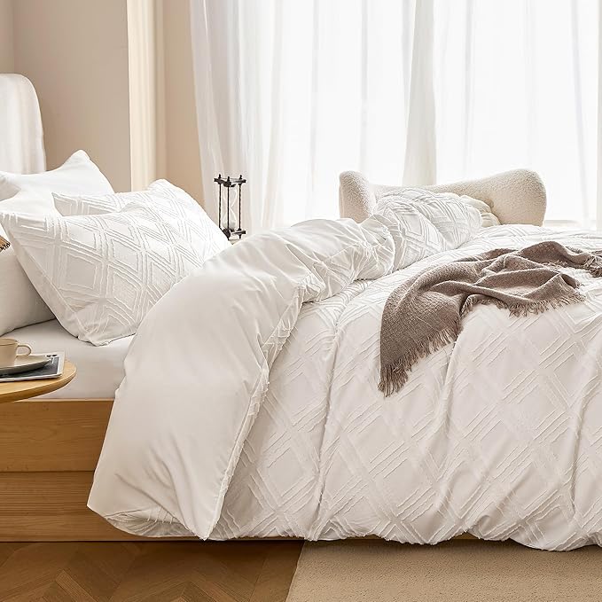 JELLYMONI Duvet Cover King Size White - 3PCS Boho Duvet Cover Set Plaid Polyester Tufted Bohemian Jacquard Knit Textured Comforter Cover 104×90in Rhombic Geometric Pattern Zipper Corner Tie