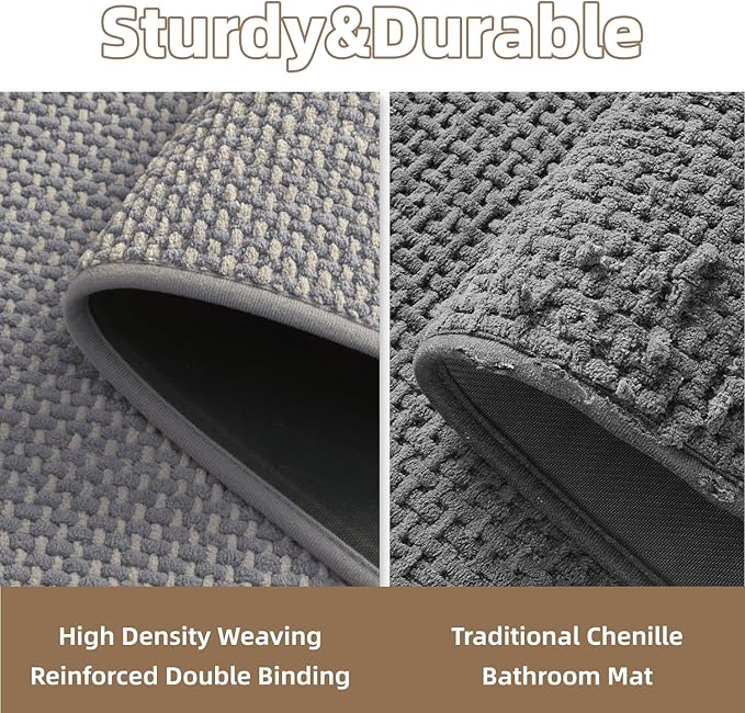 PADOOR-Bath Mat Runner-Super Absorbent Chenille Bathroom Mats-Rubber Backed Bath Mats for Bathroom Non Slip, Easy Clean Bathroom Runner Rugs Front of Bathtub,Shower Room,Sink-24×48, Grey&Beige