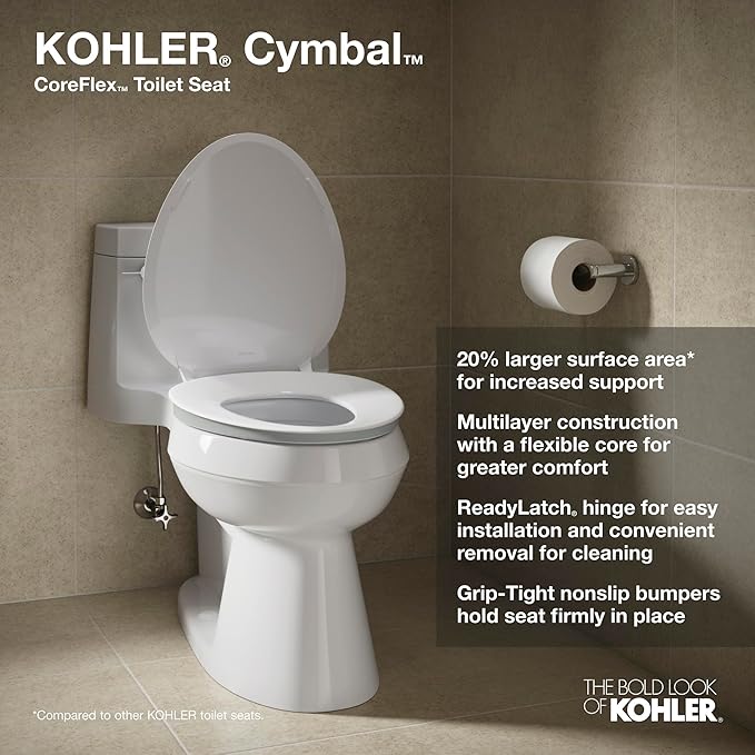 KOHLER 57777-GCF-0 Cymbal ReadyLatch Quiet-Close Soft Close Toilet Seat Elongated, Flexible CoreFlex Material, Wider Toilet Seat Surface, Home Essentials, White with Ice Grey Core Center