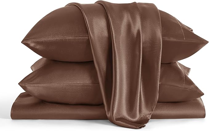 Bedsure Satin Sheets Full Size - 4 Piece Silky Bedsheets with 15 Inches Deep Pocket Fitted Bedsheet,1 Flat Sheet, 2 Satin Pillowcases, Good for Hair & Skin (Full, Coffee)
