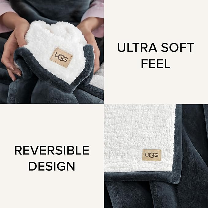 UGG Ariana King/California King Blanket Fleece Fluffy Reversible Soft Fuzzy Bedding Cozy Plush Oversized Blanket Machine Washable Bedroom Decor for Big Couch or Bed, 110-inch x 90-inch, Charcoal Grey