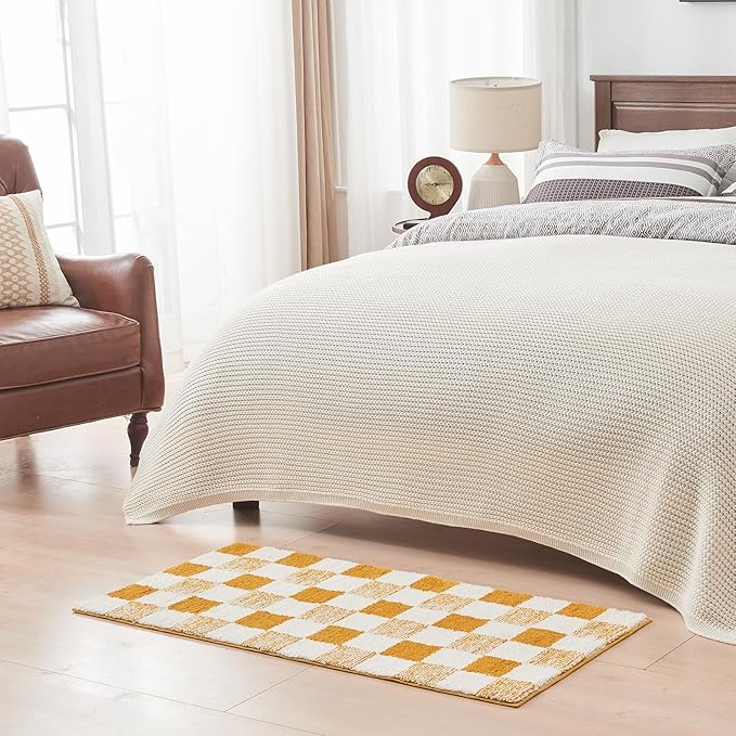 CozeCube Bath mats for Bathroom Non Slip, Fluffy Absorbent Microfiber Bath mat Washable, Aesthetic Bathroom Rugs, Cute Harvest Gold Checkered Bath mat, Harvest Gold, 32" x 20"
