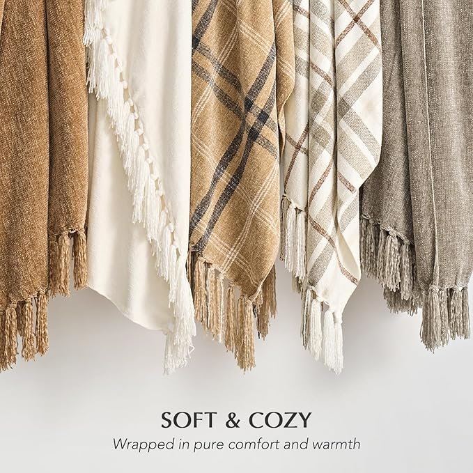 EVERGRACE Plaid Chenille Throw Blanket for Couch, Super Soft Cozy Decorative Windowpane Grid Plaid Throw with Tassels, Lightweight Chenille Knit Throw for Bed Sofa Gift, Cream & Beige 50"x60"