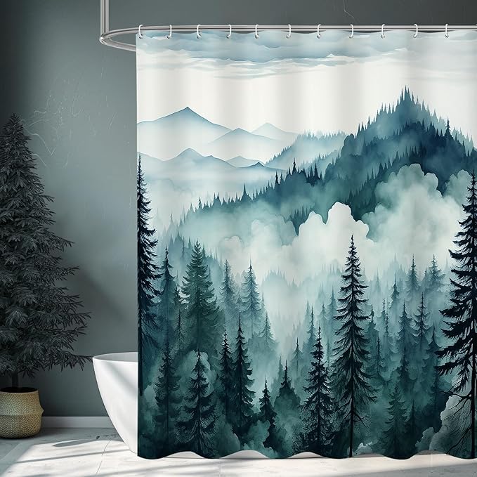 Peacock Blue Extra Long Misty Pine Forest Shower Curtain 72 x 84, XL Mountain Foggy Woodland Scenery Tree Shower Curtains for Bathroom, Abstract Waterproof Nature-Themed Decor