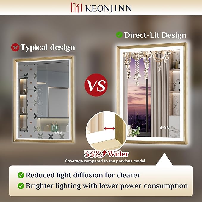 Keonjinn 60" x 36" LED Mirror for Bathroom, Brushed Gold Framed Mirror with Frontlit & Backlit, Large Lighted Mirror with Anti Fog for Wall, Stepless 3 Colors Temperature, UL-Listed LED Driver
