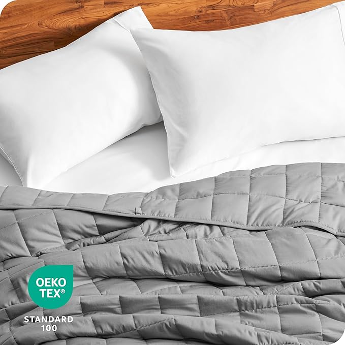 Bare Home Weighted Blanket All-Natural 100% Cotton with Nontoxic Glass Beads 40"x 60" 7 lbs, Light Grey
