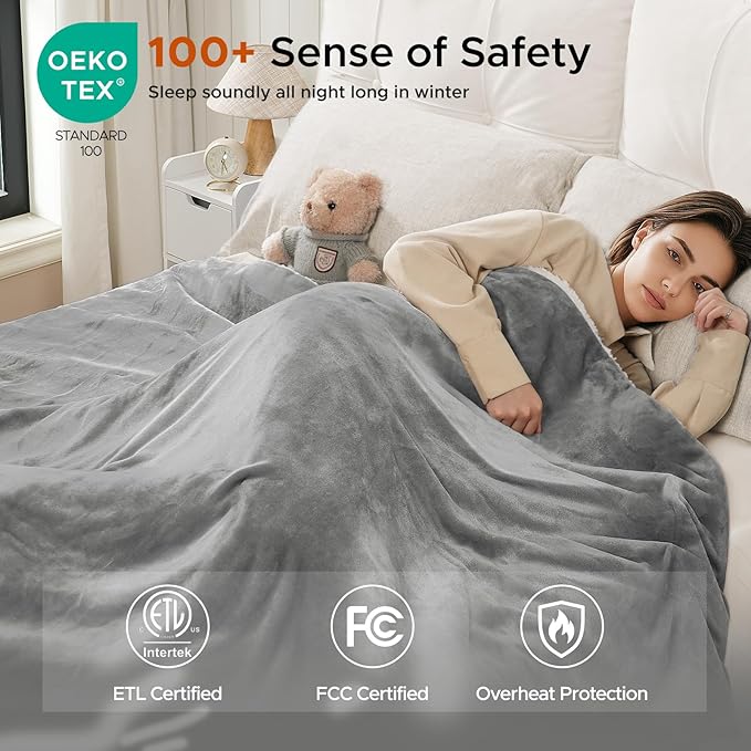 Electric Heated Blanket Throw 50"x60" - Soft Cozy Flannel & Sherpa Fabric Dual-Sided, 9 Heat Settings & 2-10 Hours Auto Off, Warming Heated Throw for Home Office, Machine Washable, Light Gray