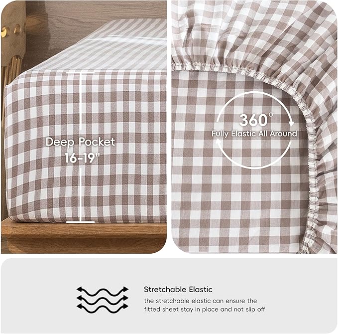 MooMee Gingham Sheet Set 100% Washed Cotton Linen Like Textured Breathable Soft w/Fully Elasticized 16-19" Deep Pocket (Classic Gingham Brown, Queen)