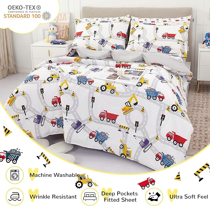 Viviland Kids Twin Bedding Sets for Boys, Girls Soft Twin Comforter Set with Sheets, 5 Pieces Microfiber Bed in a Bag, White Car Excavator