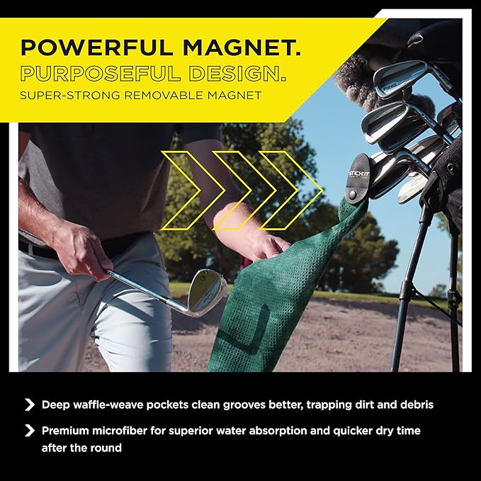 STICKIT Magnetic Golf Towel, Premium 29" Microfiber with Deep Waffle Pockets, Industrial Strength Magnet for Secure Hold to Golf Carts & Clubs, Ultra-Absorbent, Fast-Drying, Easy-Clean