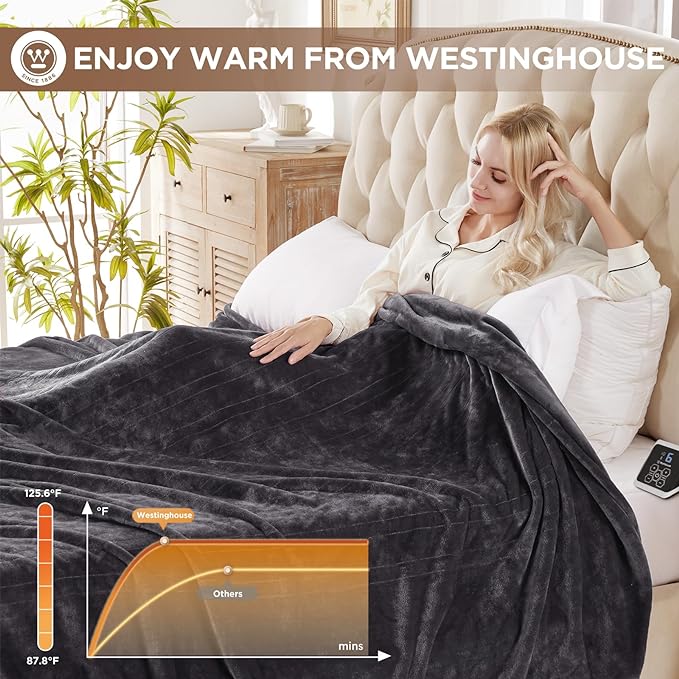 Westinghouse Full Size Electric Heating Blanket, 10 Levels, Auto Shut Off, Fast Heating, Machine Washable (72x84 Inches, Charcoal)