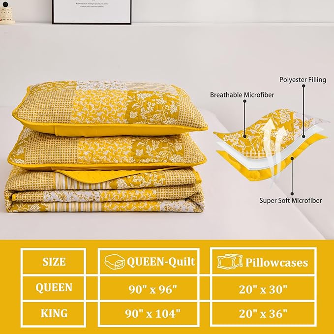 Mybedsoul Yellow Boho Quilt Set King Size,3 Pieces Plaid Floral Bedspread Coverlet Set Summer,Patchwork Reversible Bedding Set King 90"x104"