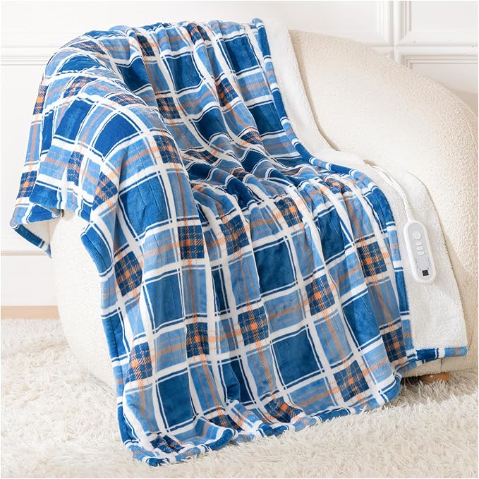 Heated Blanket Electric Throw, Heating Throw with 8 Hours Auto Off & 8 Fast Heating Levels, Blue White Plaid Checkered Sherpa Blanket Warmer for Adults, Washable Blanket Gift for Couch Bed (50x60 In)