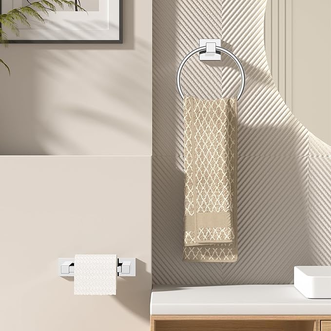 FORIOUS Toilet Paper Holder Wall Mount and Hand Towel Ring Set, SUS 304 Stainless Steel Double Post Pivoting Tissue Roll Holder, Modern Bathroom Hardware Accessories Set, Chrome