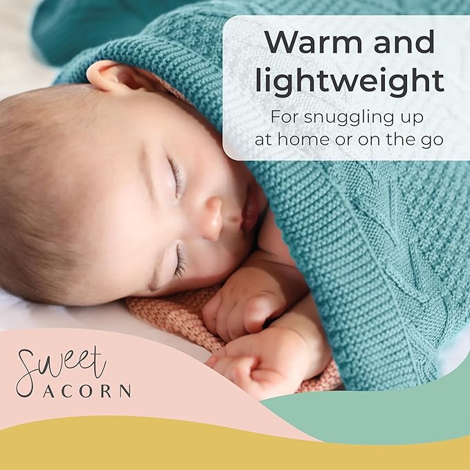Knit Baby Blanket in Cable Pattern, Organic Cotton Blankets for Crib or Stroller, Receiving Blankets - Ocean Teal