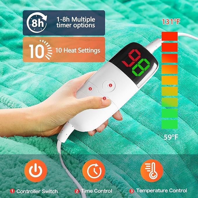 greenoak Heated Electric Blanket Throw, Faux Fur Sherpa Heating Blanket for Sofa Bed, Warm Winter Gifts for Women/Her, Heater Lap Blankets 5-Position Timer &10 Heating Levels 72''*84" Aqua
