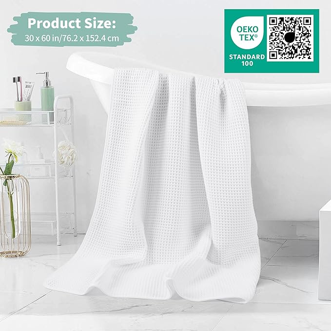 New Microfiber Waffle Bath Towels, 2 Pieces, Oversized, Soft, Absorbent, Fast Drying, Lint Free (White)