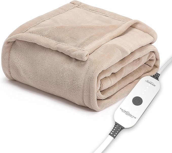 Sunbeam Electric Throw Royal Luxe Microplush Heated Blanket, 4 Heat Settings, 4-Hour Auto Shut-Off, Fast Heating, Warm and Cozy, Peyote Color, 50" x 60"