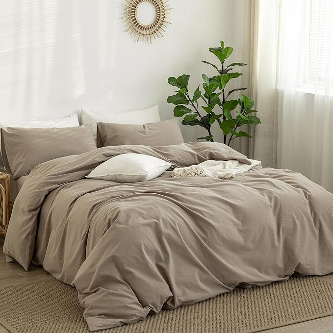 MooMee Bedding Duvet Cover Set 100% Washed Cotton Linen Like Textured Breathable Durable Soft Comfy (Solid Light Camel, Super King Plus 120"x120")