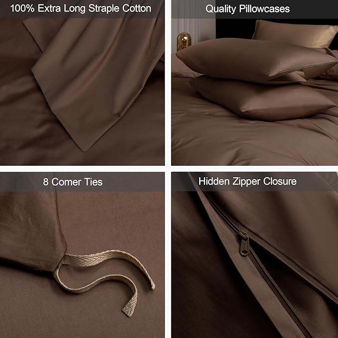 MooMee Duvet Cover Set 100% Extra Long Staple Cotton 600 Thread Count Silky Sateen Smooth Luxury Soft Breathable Durable Hotel Quality Bedding, 2 Pieces (Chocolate Brown,Twin 68"x90")