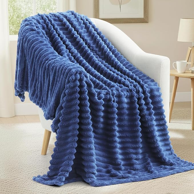 decorUhome Christmas Soft Fleece Navy Blue Throw Blanket for Couch, Cozy Fluffy Plush Flannel Striped Blanket for Sofa Bed, Lightweight Decorative Ribbed Fuzzy Blanket for Woman, 50x60 Inches