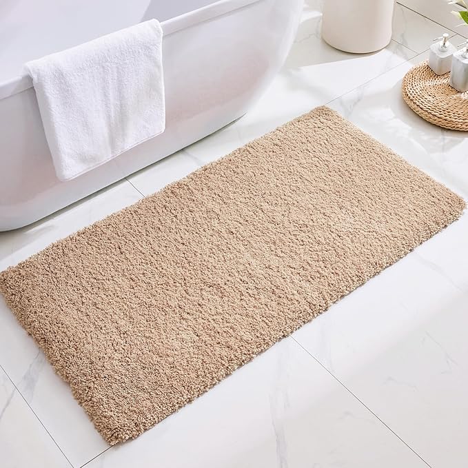Beige Bathroom Runner Rug 24x70 Non Slip Fluffy Long Bath Mat for Bathroom Floor Washable Plush Luxury Large Bath Rug for Tub Absorbent Runner Rug for Bedside