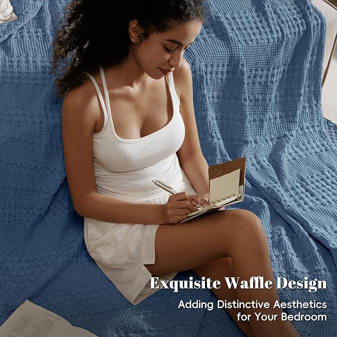 PHF 100% Cotton Waffle Weave Blanket King Size for Bed, Soft Lightweight & Breathable, All-Season Comfort, Luxury Aesthetic Woven Bedding for Home Decor, 108"x90", Denim Blue