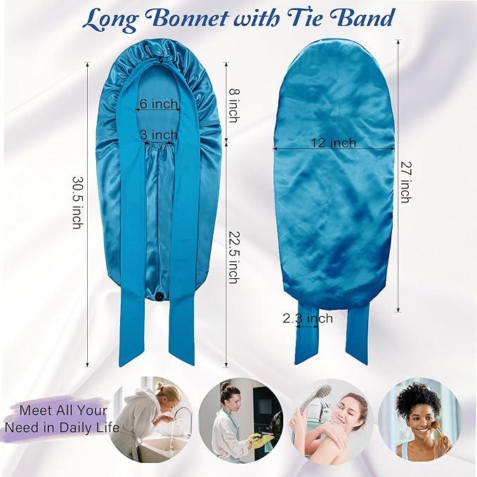Long Satin Bonnet with Tie Band for Sleeping Women - Silk Sleep Bonnet for Curly Hair and Braids