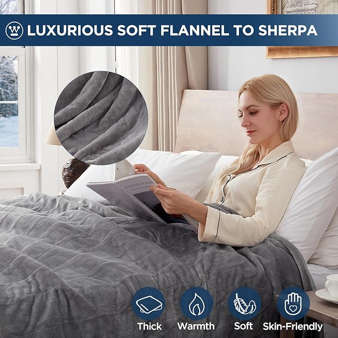 Westinghouse Electric Blanket Twin Size, Super Cozy Soft Flannel 62"" x 84"" Heated Blanket with 10 Fast Heating Levels & 1-12 Auto-Off, Machine Washable, ETL&FCC Certification, Light Grey