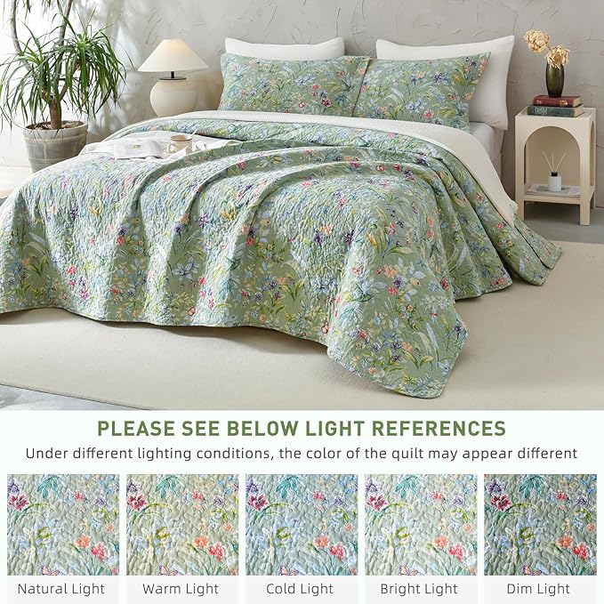 Lady Ann 100% Cotton Floral Oversized Queen Quilt Set - Green Flower Bird Butterfly Pattern Print Quilted 102x118 Bedspread & Coverlet Set, 3 PCS Lightweight Extra Soft Queen Bedding Sets All Season